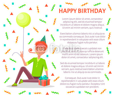 400x343 Happy Birthday Poster, Man Sitting With Party Horn, In Festive Hat