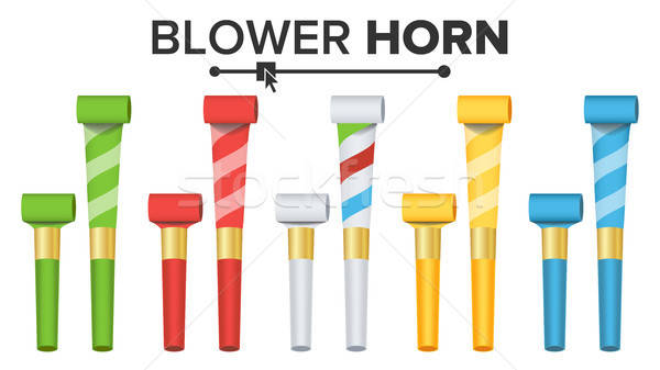 600x337 Party Horn Set Vector Color Penny Whistle Top View Isolated