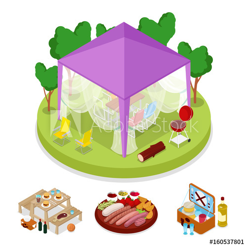 500x500 Isometric Bbq Picnic Party In Tent Summer Holiday C Grilled