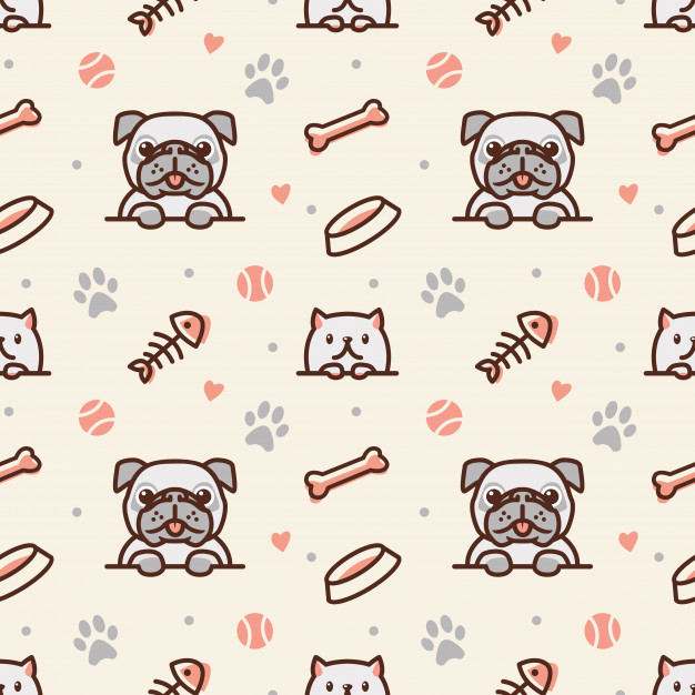 Pug Dog And Cat With Bone, Fish Bones, Paw Prints And Ball 626x626 Pug Dog And Cat With Bone, Fish Bones, Paw Prints And Ball