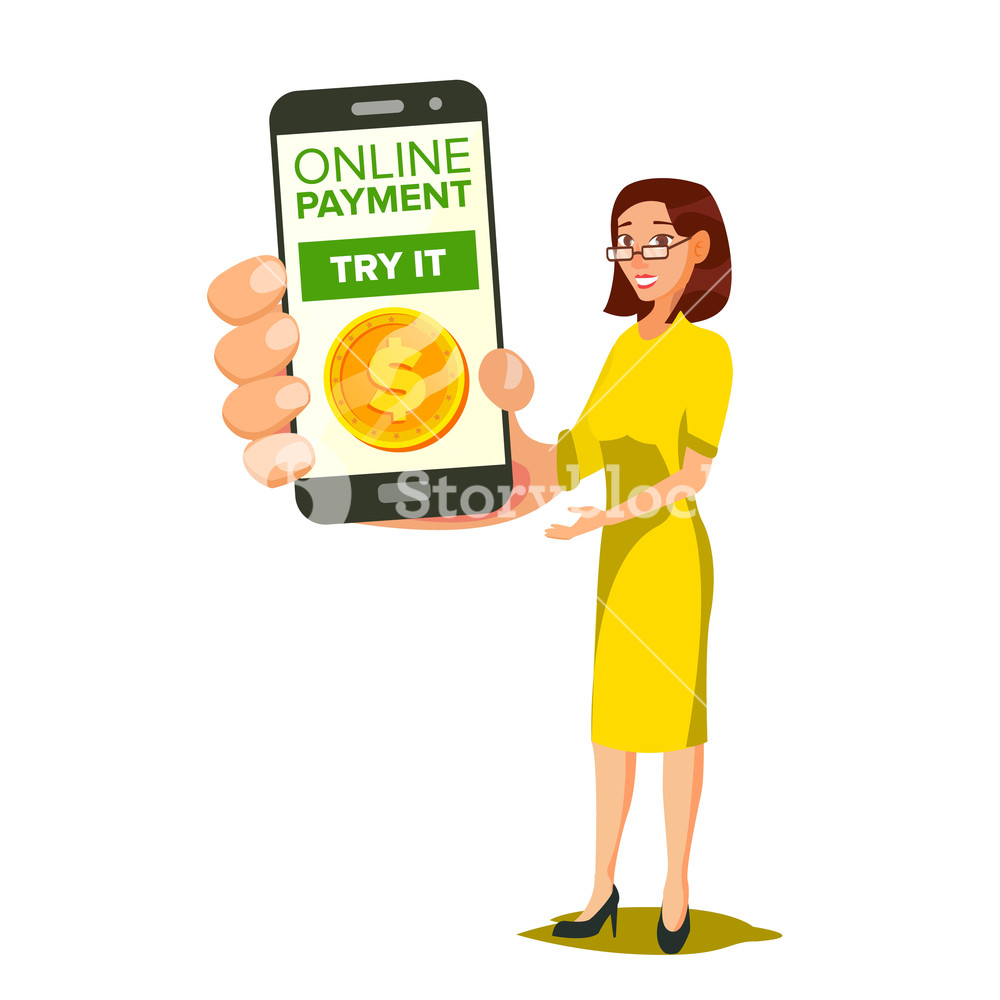 1000x1000 Online Payment Vector Smiling Woman Showing Smart Phone