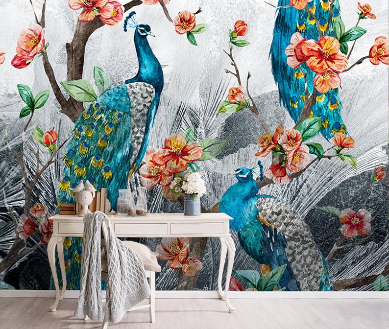 794x672 Watercolor Vector Peacock Pattern Wall Mural Peacocks And Etsy