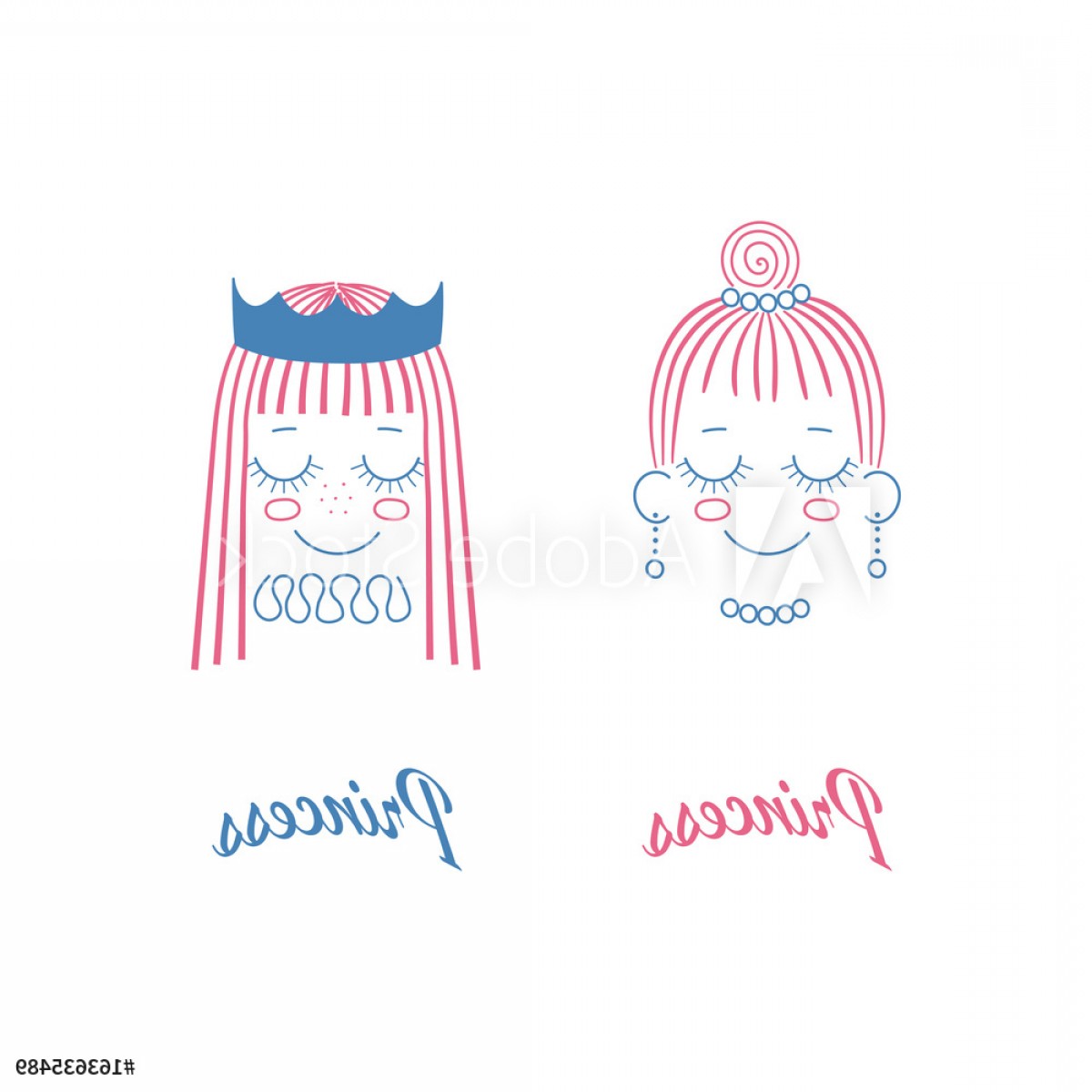 1200x1200 Vector Doodles Of Cute Girl Faces With Long Hair Crown Pleated