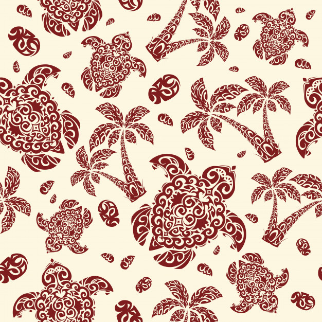 626x626 Hawaiian National Patterns With Turtle, Palm, Sea Pebbles Vector