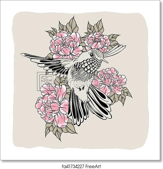 561x581 Free Art Print Of Hand Drawn Flying Humming Bird With Peony Flower
