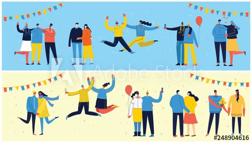 500x284 Vector Cartoon Illustration Of Happy Group Of People Celebrating