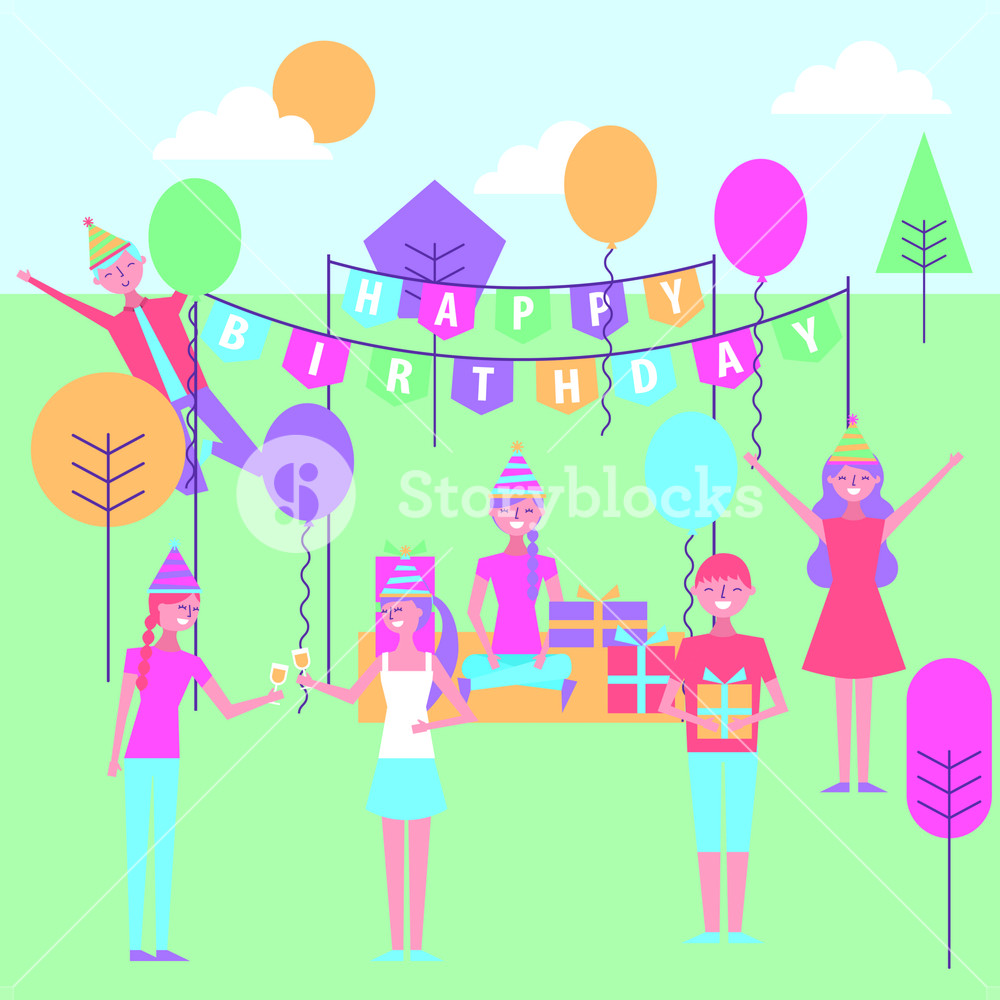 1000x1000 People Celebrating Birthday Decoration In The Park Cartoon Vector