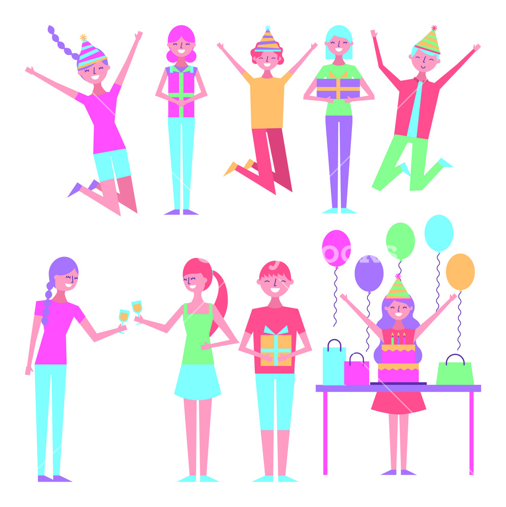 999x1000 People Celebrating Happy Birthday Jump Enjoy Vector Illustration