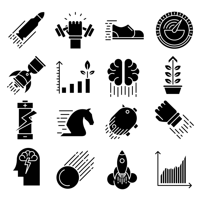 640x640 Performance Vector Solid Icons Set, Boost, Bullet, Fast Piggy Bank