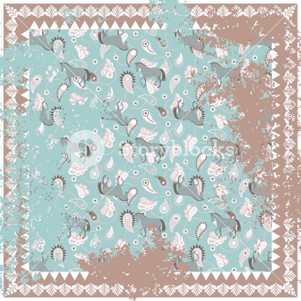 1000x1000 Horse And Paisley Rough Carpet Vector Square Design Persian Style