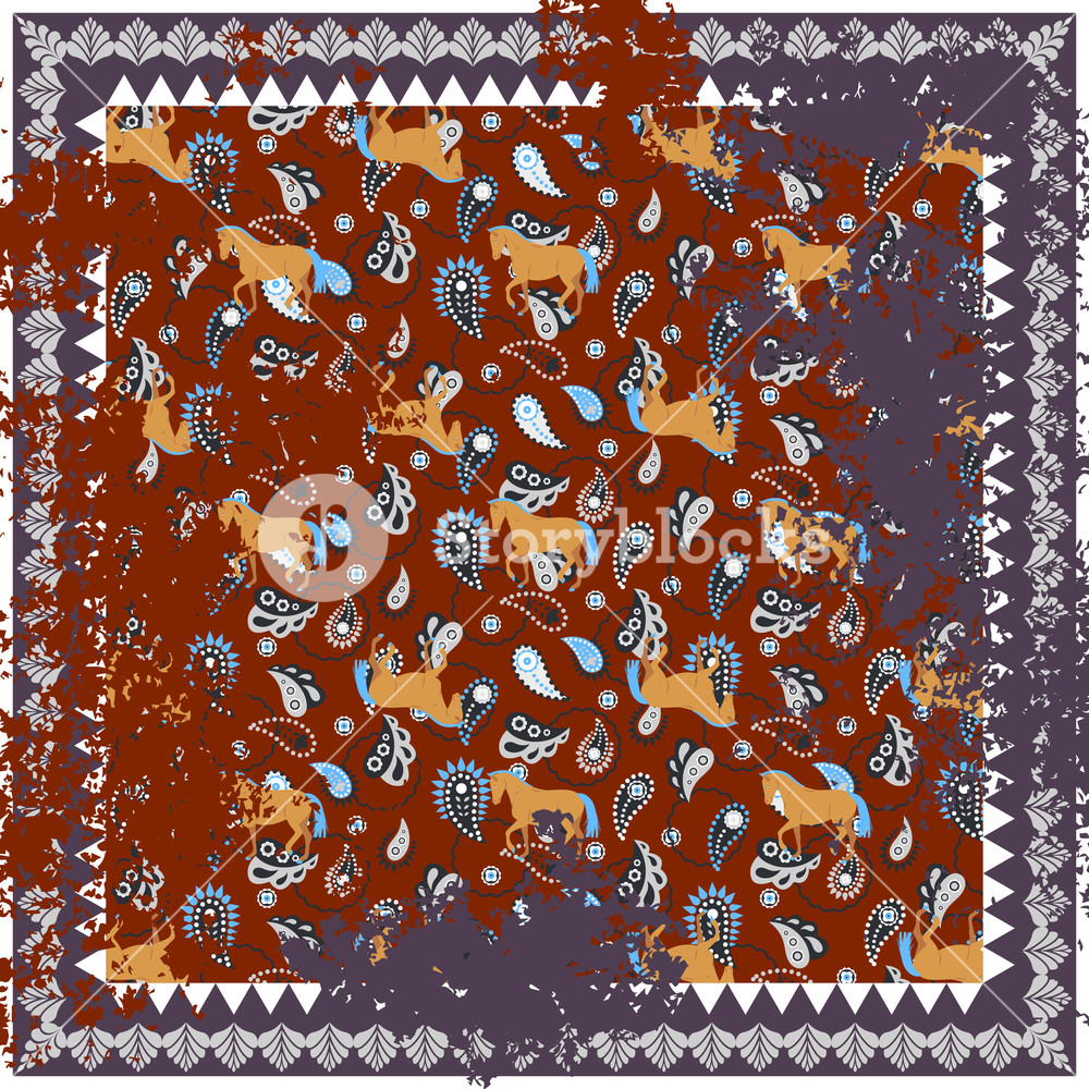 1000x1000 Horse And Paisley Rough Rug Vector Square Design Persian Style