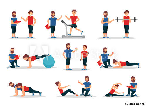 Flat Vector Set Of People In Gym With Personal Trainer Men 500x364 Flat Vector Set Of People In Gym With Personal Trainer Men