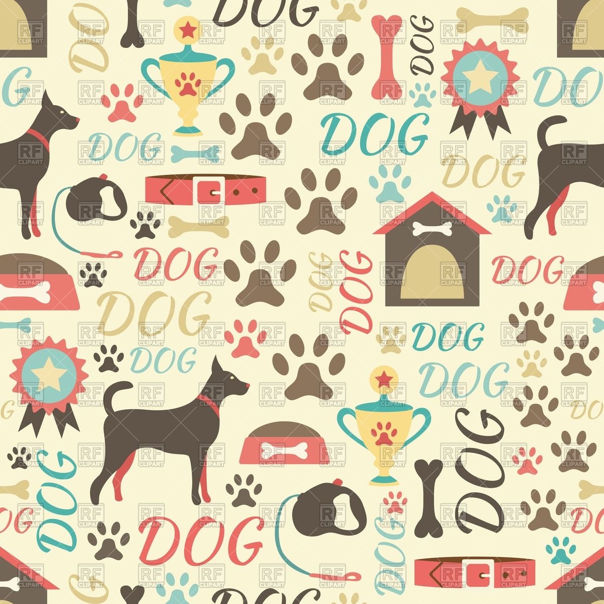 Seamless Retro Style Background With Dog, Doghouse, Dog Collars 1200x1200 Seamless Retro Style Background With Dog, Doghouse, Dog Collars