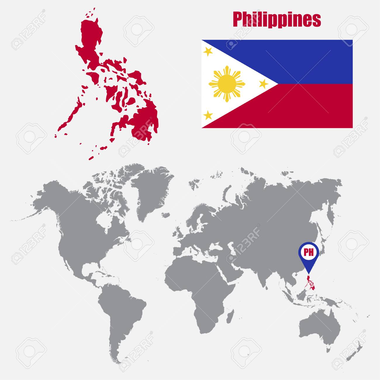 1300x1300 Philippines Map On A World With Flag And Pointer Vector