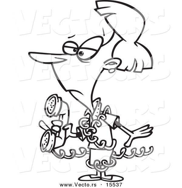 600x620 Vector Of A Cartoon Inept Woman Tangled In A Phone Cord