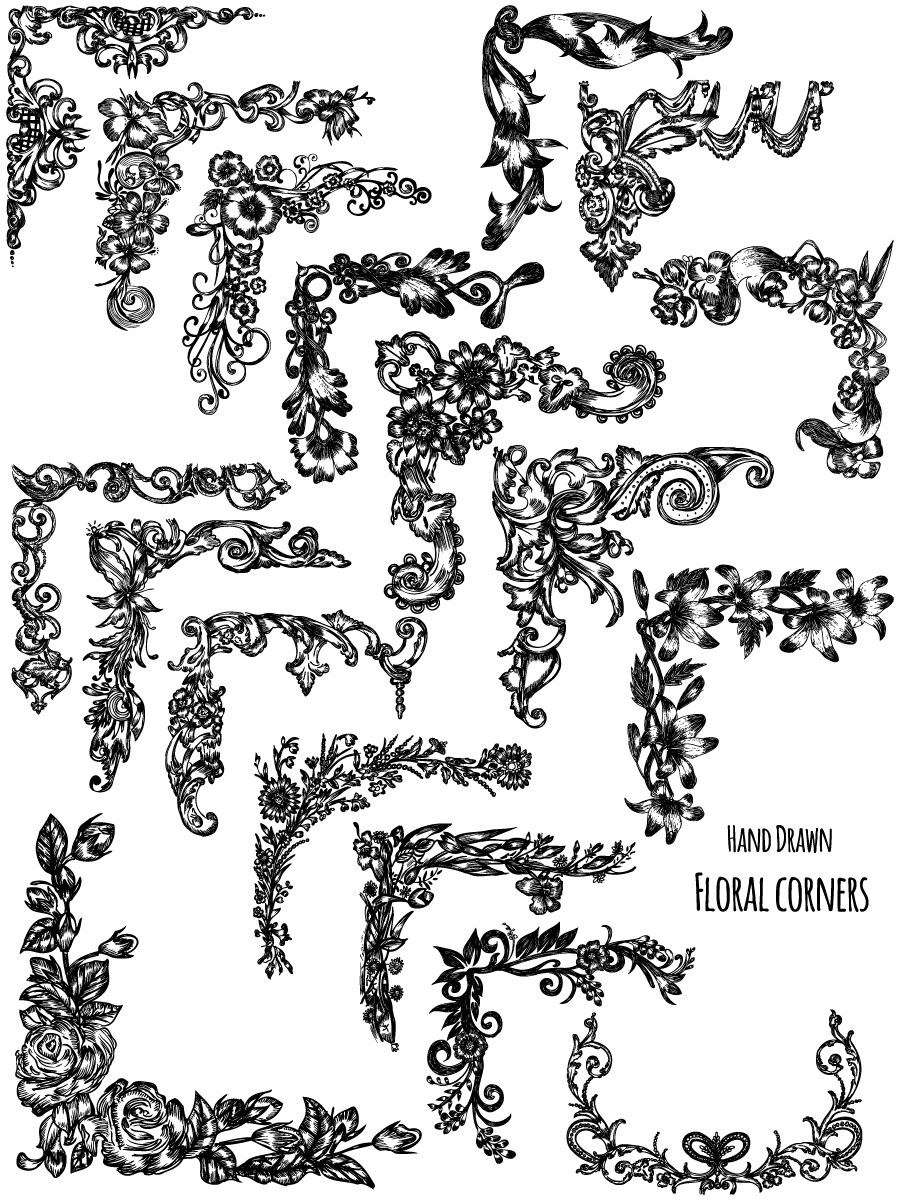 900x1200 Hand Drawn Floral Corners Vector And Photoshop Brush Pack