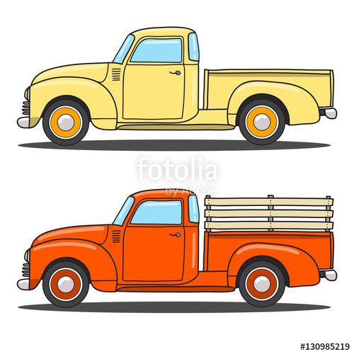 500x500 Set Of Color Retro Pickup Truck Vector Doodle Illustration Stock
