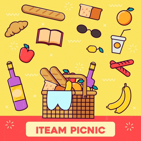 600x600 Picnic Background Food Icons Colored Flat Design Free Vector