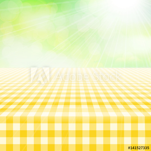 500x500 Empty Picnic Table, Covered With Yellow Gingham Tablecloth, Green