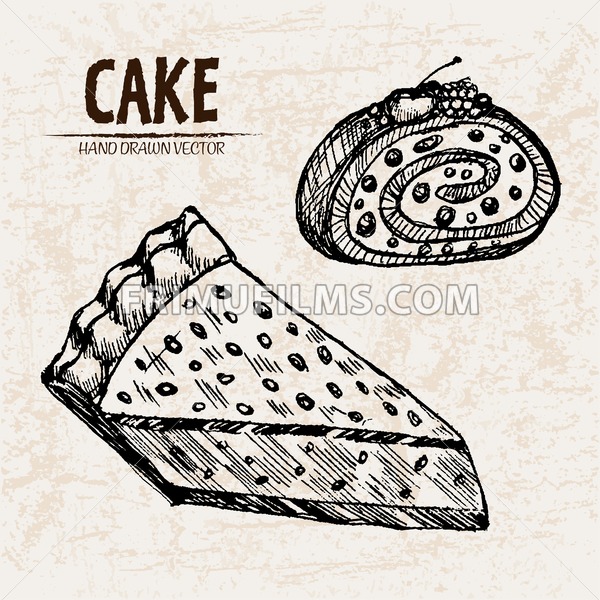 600x600 Digital Vector Detailed Line Art Cake Roll And Pie Slices Hand