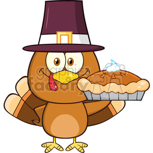 300x300 Cute Pilgrim Turkey Bird Cartoon Character Holding A Pie Vector