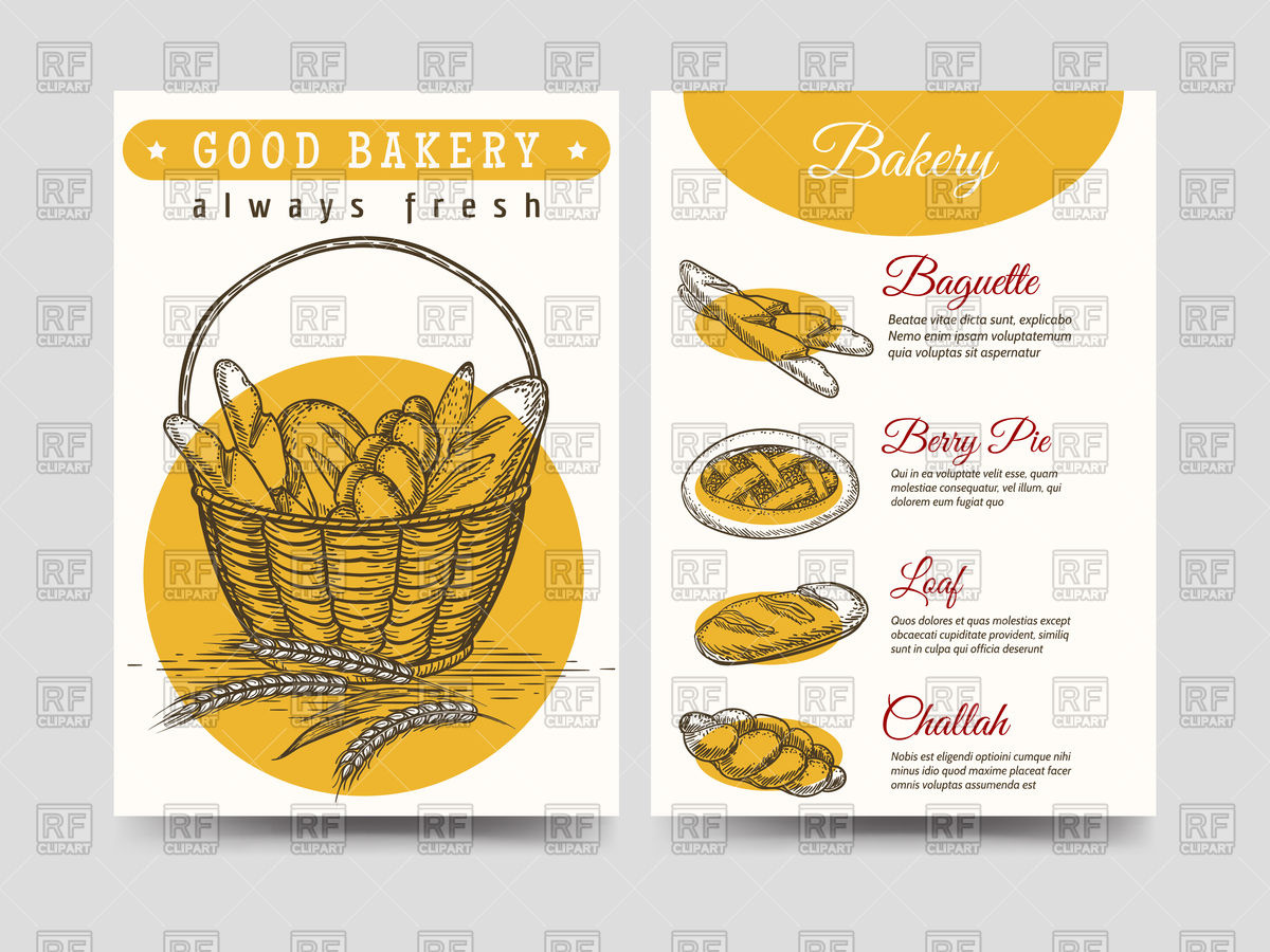 1200x900 Bakery Brochure With Challah, Loaf, Baguette And Berry Pie Vector