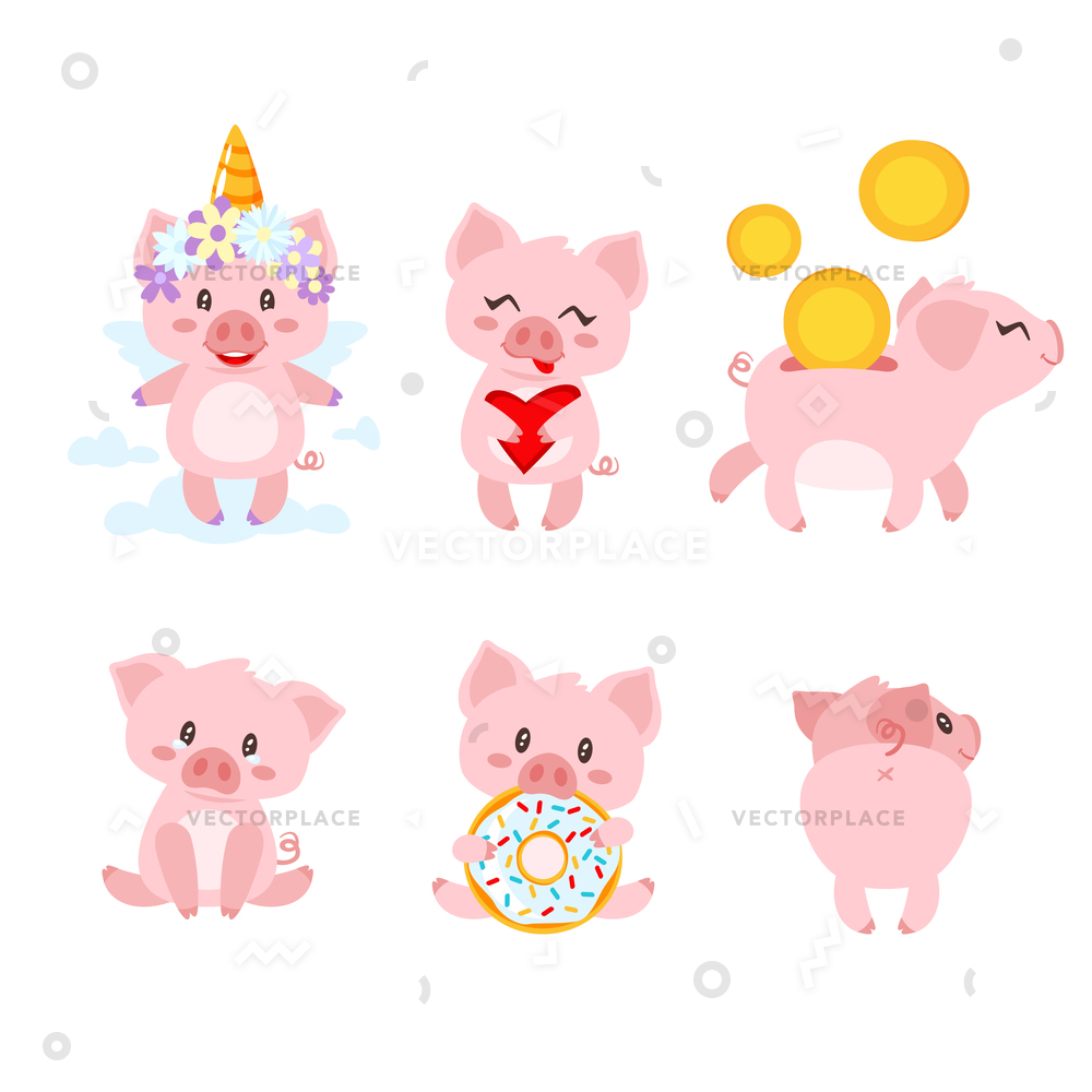 1000x1000 Cartoon Style Set Cute Pink Pig Vector Illustration