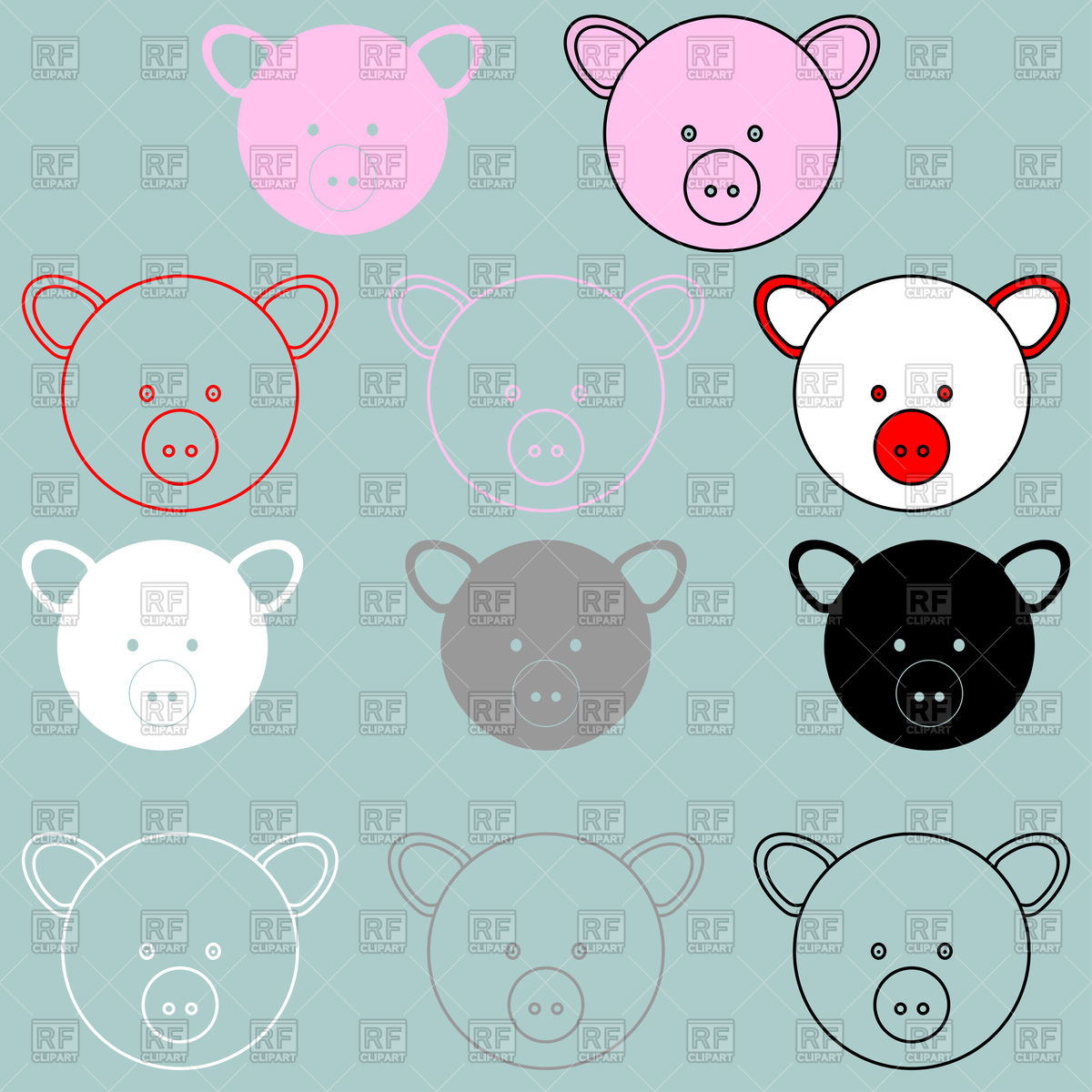1200x1200 Pig Face Rosy Red Black Grey White Colour Set Vector Image