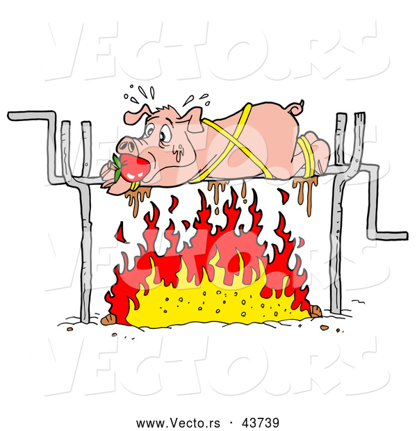 600x620 Vector Of A Panicking Cartoon Pig Roasting Over A Fire