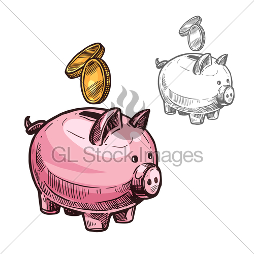 500x500 Vector Sketch Piggy Bank And Golden Coins Icon Gl Stock Images