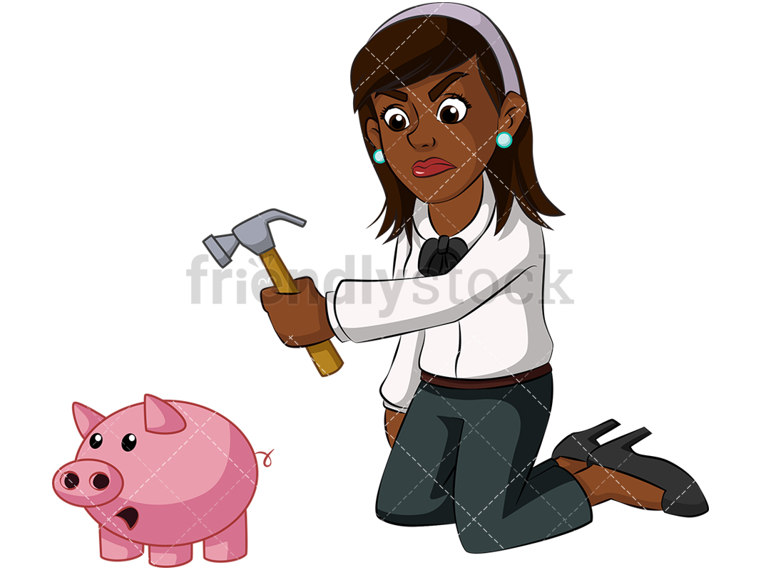 1067x800 Black Businesswoman Opening Piggy Bank Vector Cartoon Clipart