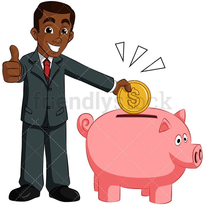 800x800 Black Man Saving Money In Piggy Bank Vector Cartoon Clipart