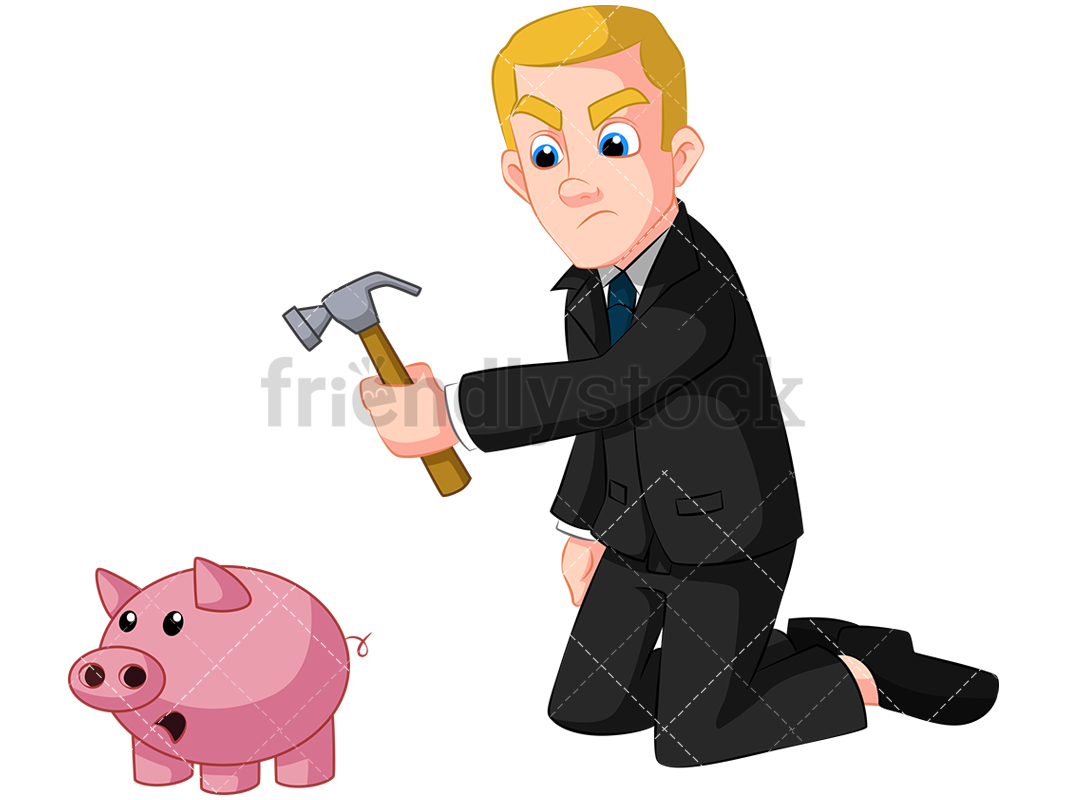 1067x800 Businessman Breaking Piggy Bank Vector Cartoon Clipart