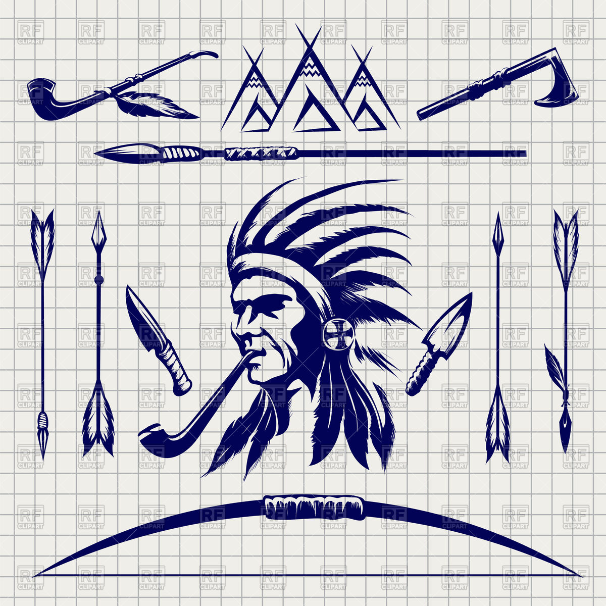 1200x1200 Sketch Of Native American Indian Arrows, Bow And Pike Vector Image