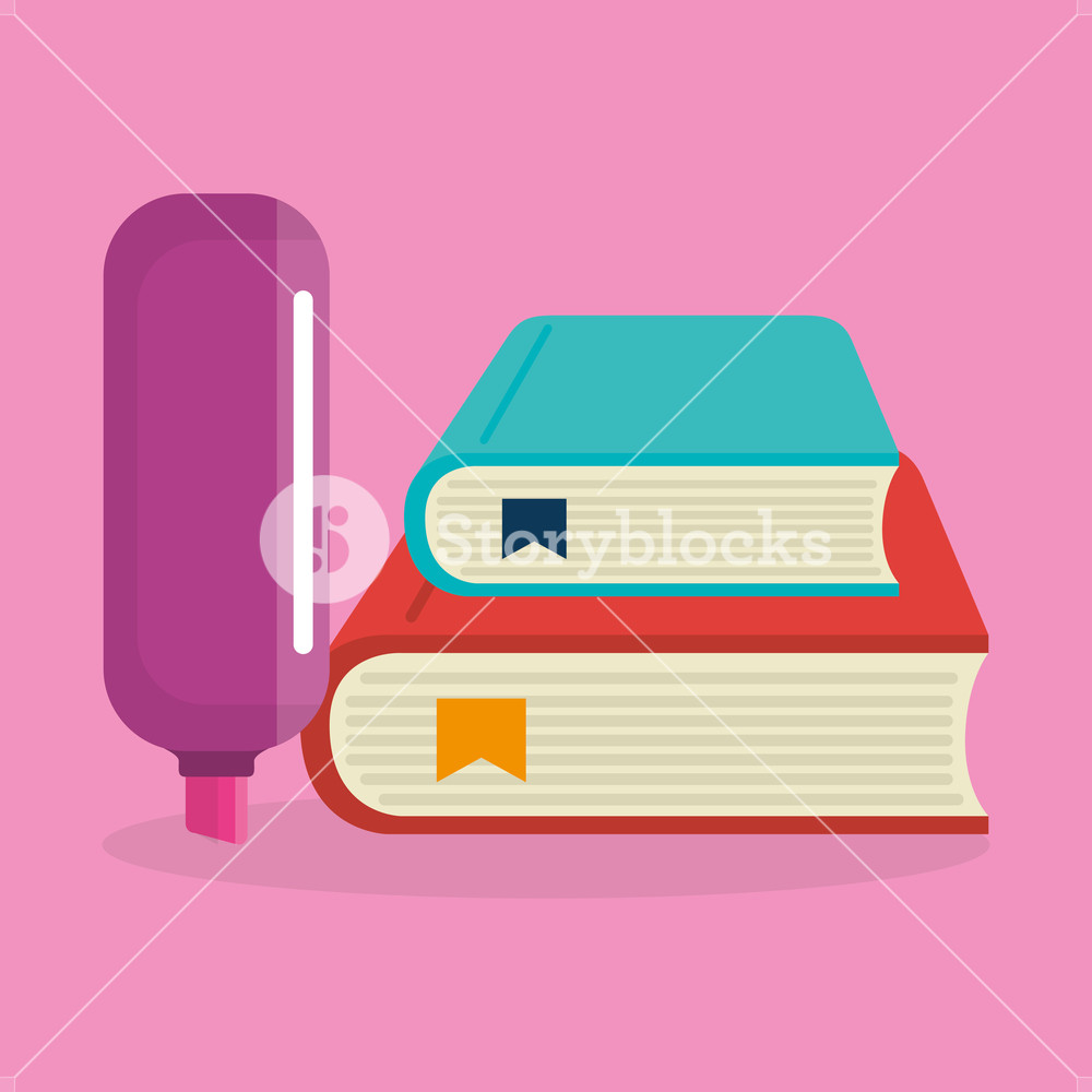 1000x1000 Pile Books With Highlighter Pen Vector Illustration Design Royalty