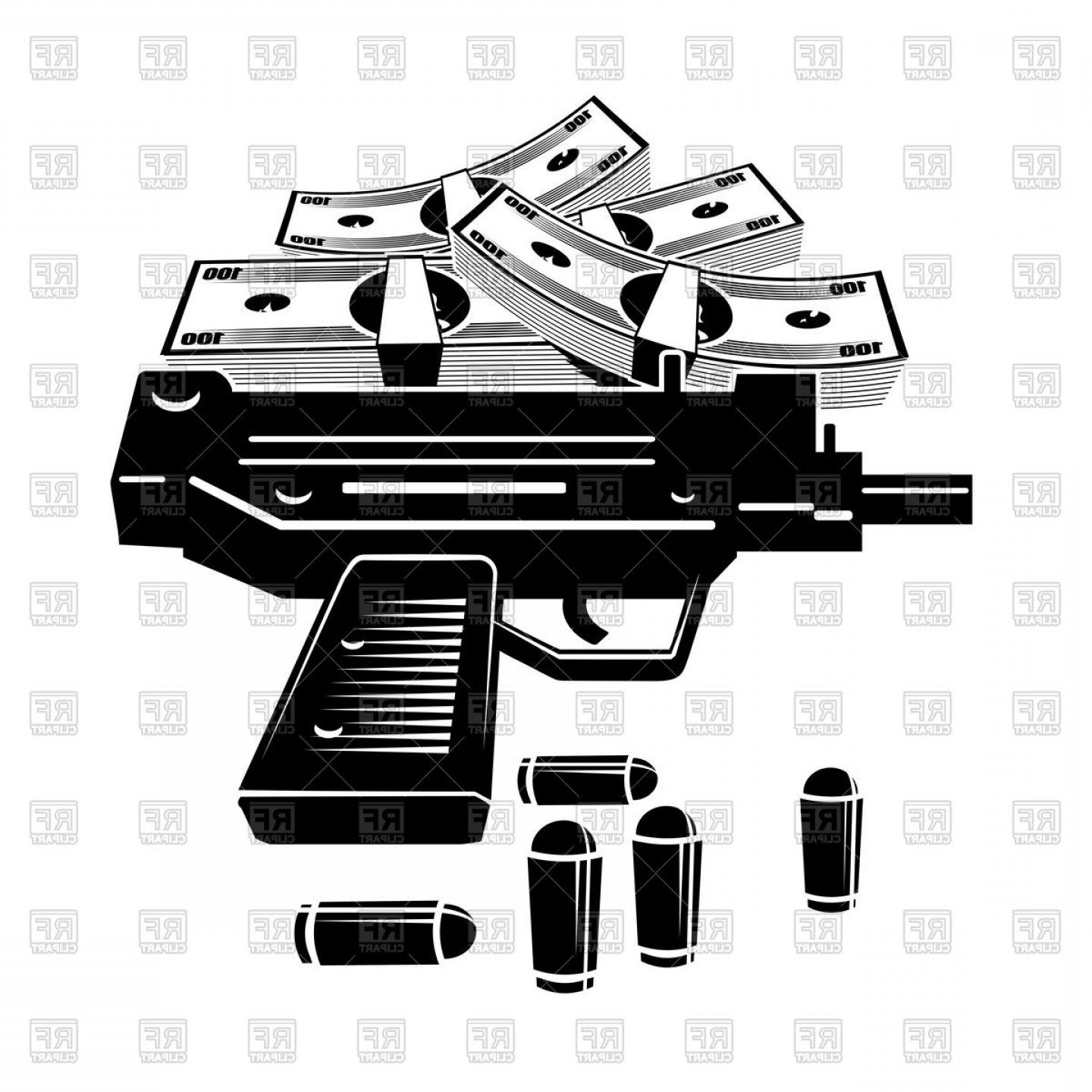 1440x1440 Uzi Pistol Bullets And Pile Of Money Vector Clipart Soidergi