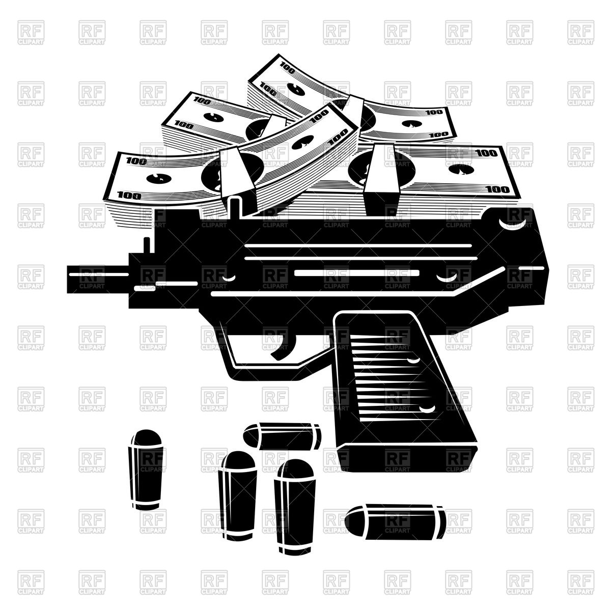 1200x1200 Uzi Pistol, Bullets And Pile Of Money Vector Image Of Business