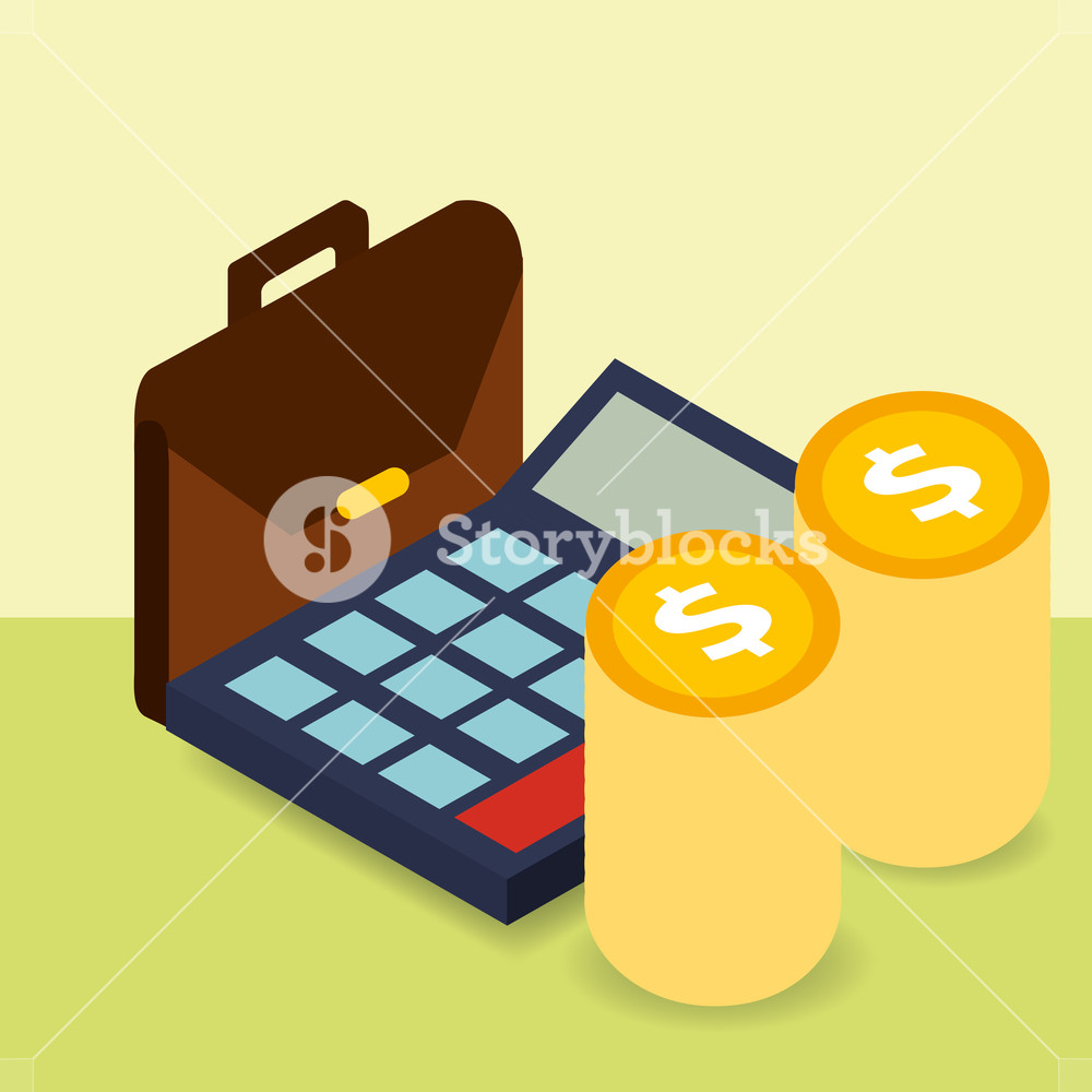 1000x1000 Business Briefcase Calculator And Pile Coins Money Vector