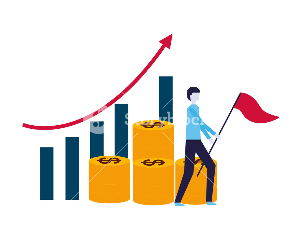 1000x800 Businessman Flag Chart And Pile Coins Money Vector Illustration