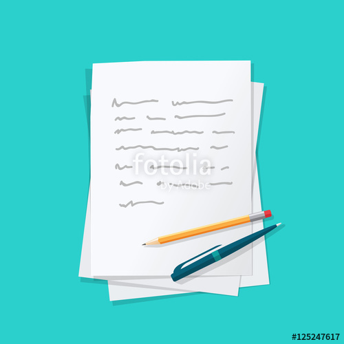 500x500 Paper Sheets Pile With Abstract Written Text With Pen And Pencil