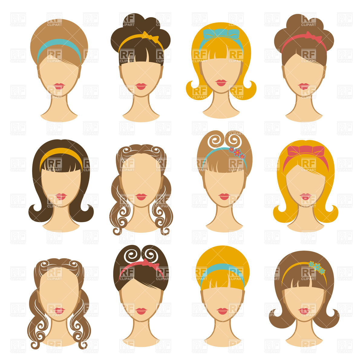 Set Of Girls' Portraits With Pin Up Hairstyle Vector Image 1200x1200 Set Of Girls' Portraits With Pin Up Hairstyle Vector Image