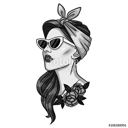 500x500 Vector Black And White Illustration Of A Girl In Pin Up Style