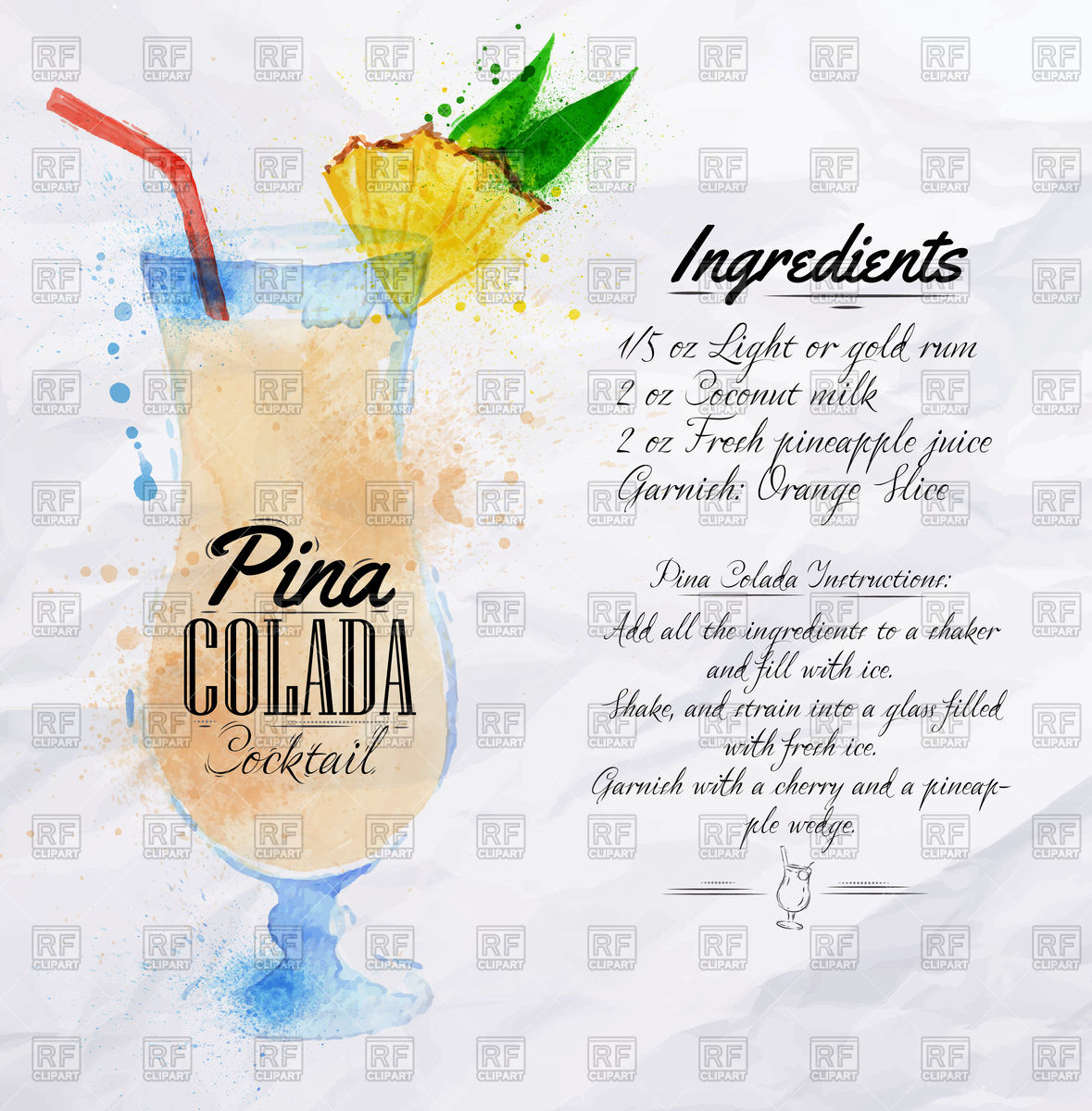 1179x1200 Pina Colada Cocktail Drawn With Watercolor Blots And Stains Vector