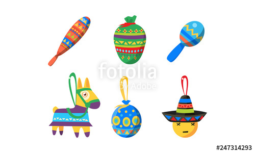 500x300 Mexican Cinco De Mayo Holiday Elements Set, Birthday Pinata Vector