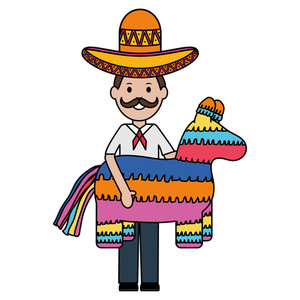 300x300 Mexican Man With Mariachi Hat And Pinata Vector Illustration