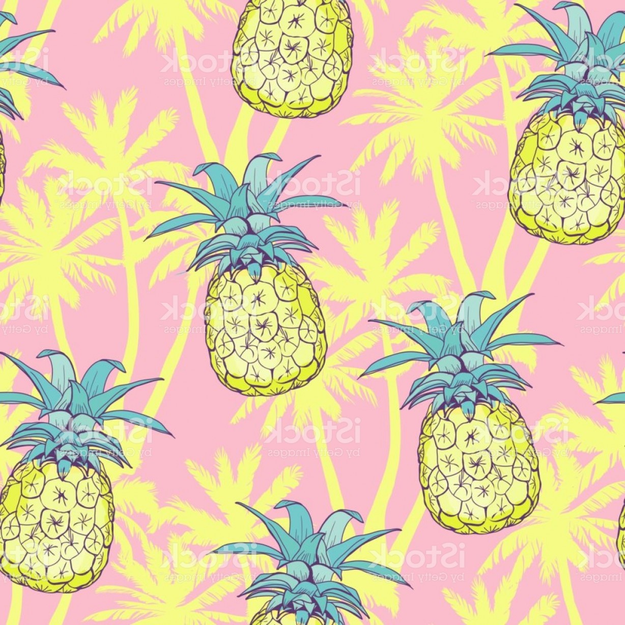 1228x1228 Pineapples Background Vector Seamless Pattern With Tropical Fruit