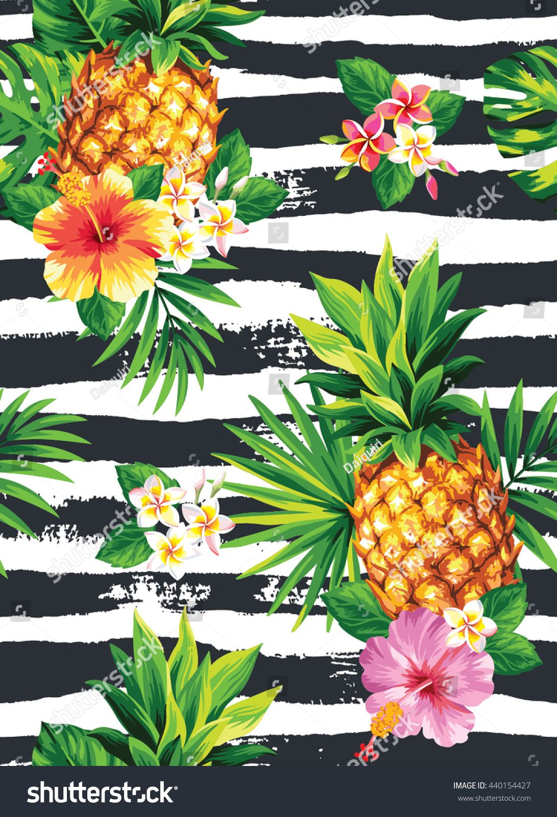 1091x1600 Seamless Tropical Pattern With Pineapples, Palm Leaves And Flowers