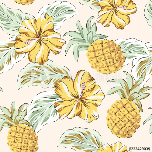 500x500 Tropical Yellow Hibiscus Flowers, Green Palm Leaves, Pineapples