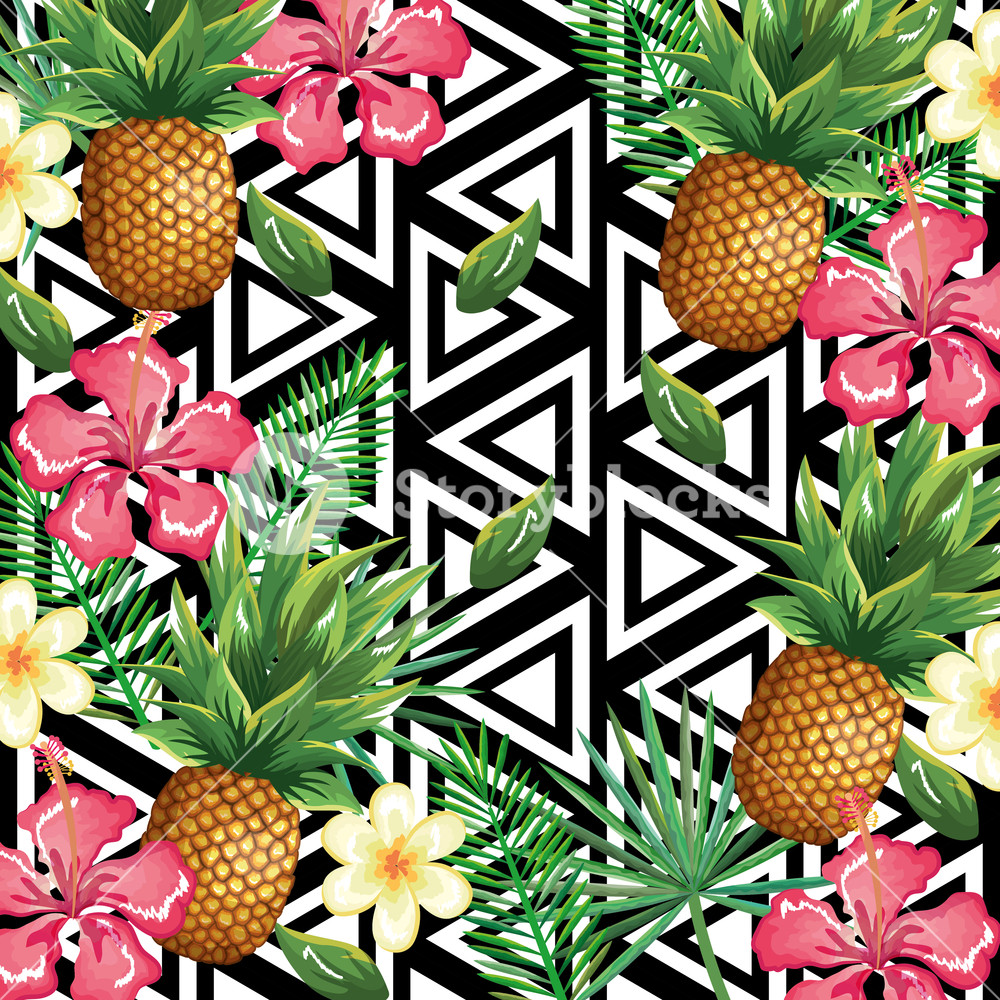 1000x1000 Tropical Flower And Pineapple With Abstract Background Vector