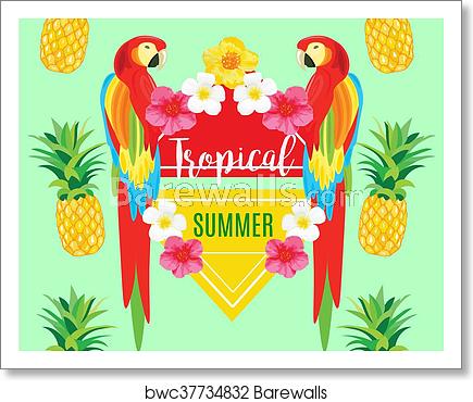 435x370 Parrot, Exotic Flowers And Pineapple Vector Geometric